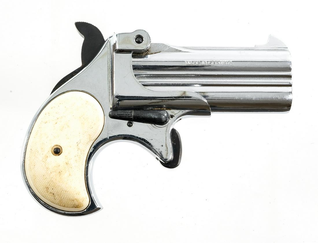 ROHM RG 17 .38 Spcl Derringer Pistol: Description ROHM RG-17 in .38 Special with a 3" over under barrel. Made in Germany. Checkered composite grip plates. Chrome or Nickel plated frame and barrel. Blued solid trigger and serrated hammer. 
