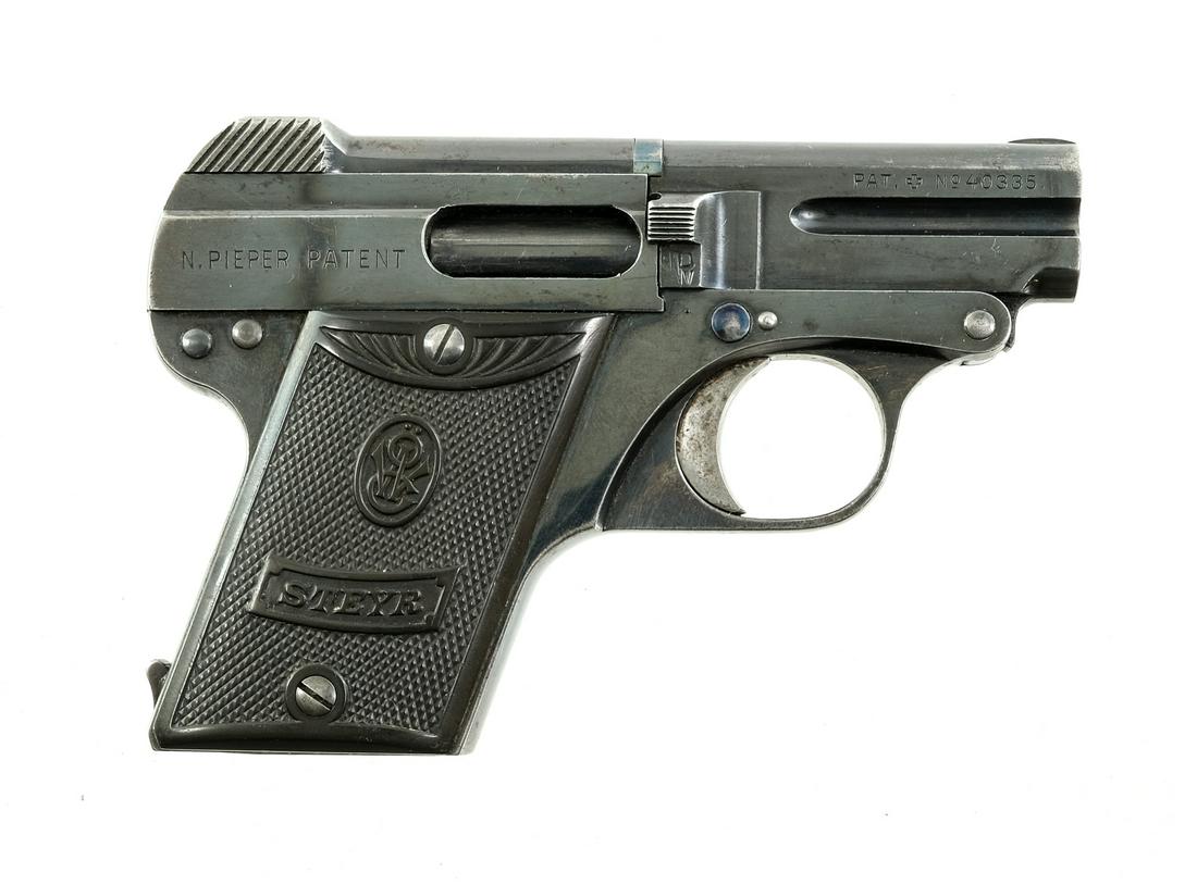 Steyr 1908 Pieper .25ACP Semi Auto Pistol: Description Steyr Pieper Model 1908 in .25 ACP with one, six round removable magazine and a 2" barrel. Checkered composite grip plates. Blued frame, serrated slide and tip up barrel. Left side of fram