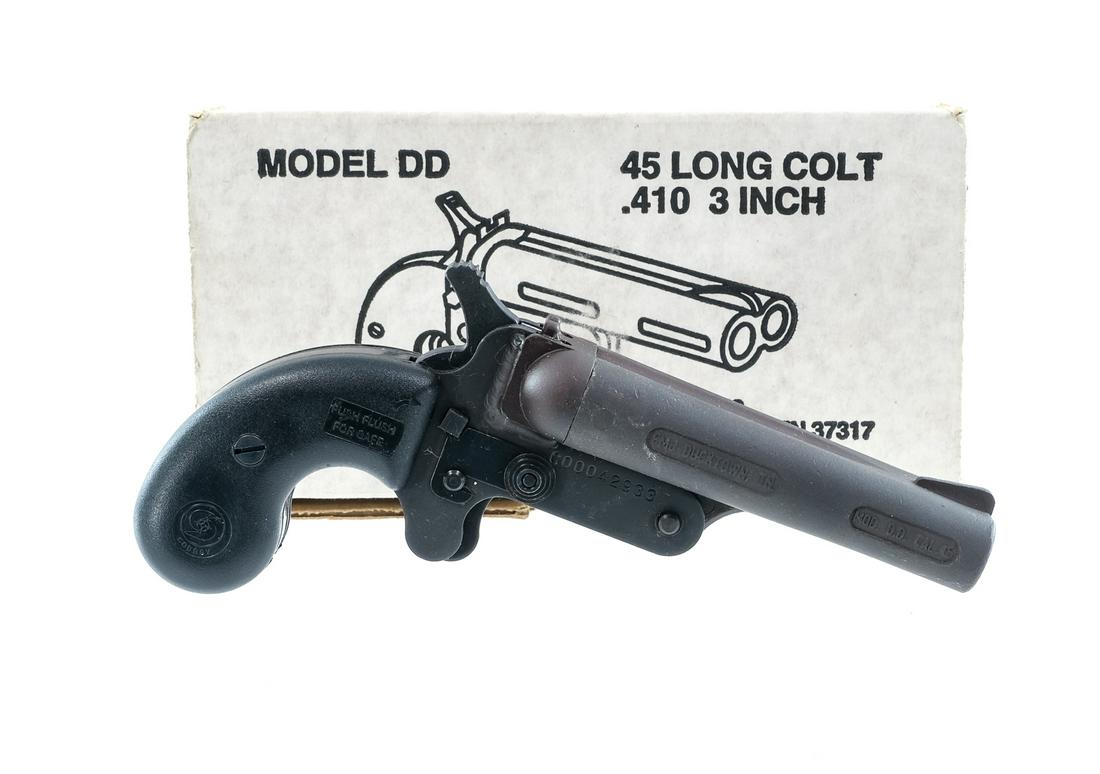 FMJ DD .45 LC .410Ga SxS Pistol: Description FMJ Model DD in .45 Long Colt or .410 gauge shotgun shell with a two round capacity and a 3.5" double barrel. Cobray black composite grip plates. Smooth metal trigger, receiver, serrated h