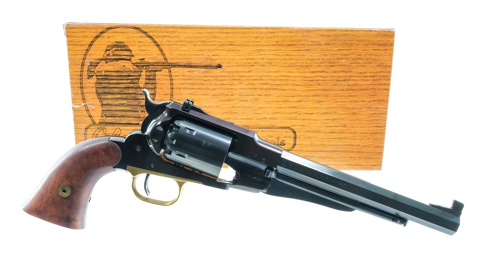 F Lli Pietta 1858 .44 Cal Black Powder Revolver: Description F.lli Pietta 1858 Remington reproduction in .44 caliber with a six round cylinder capacity and a 8" barrel. Made in Italy and distributed by Cabela's. Smooth wood grip plates. Brass trigge