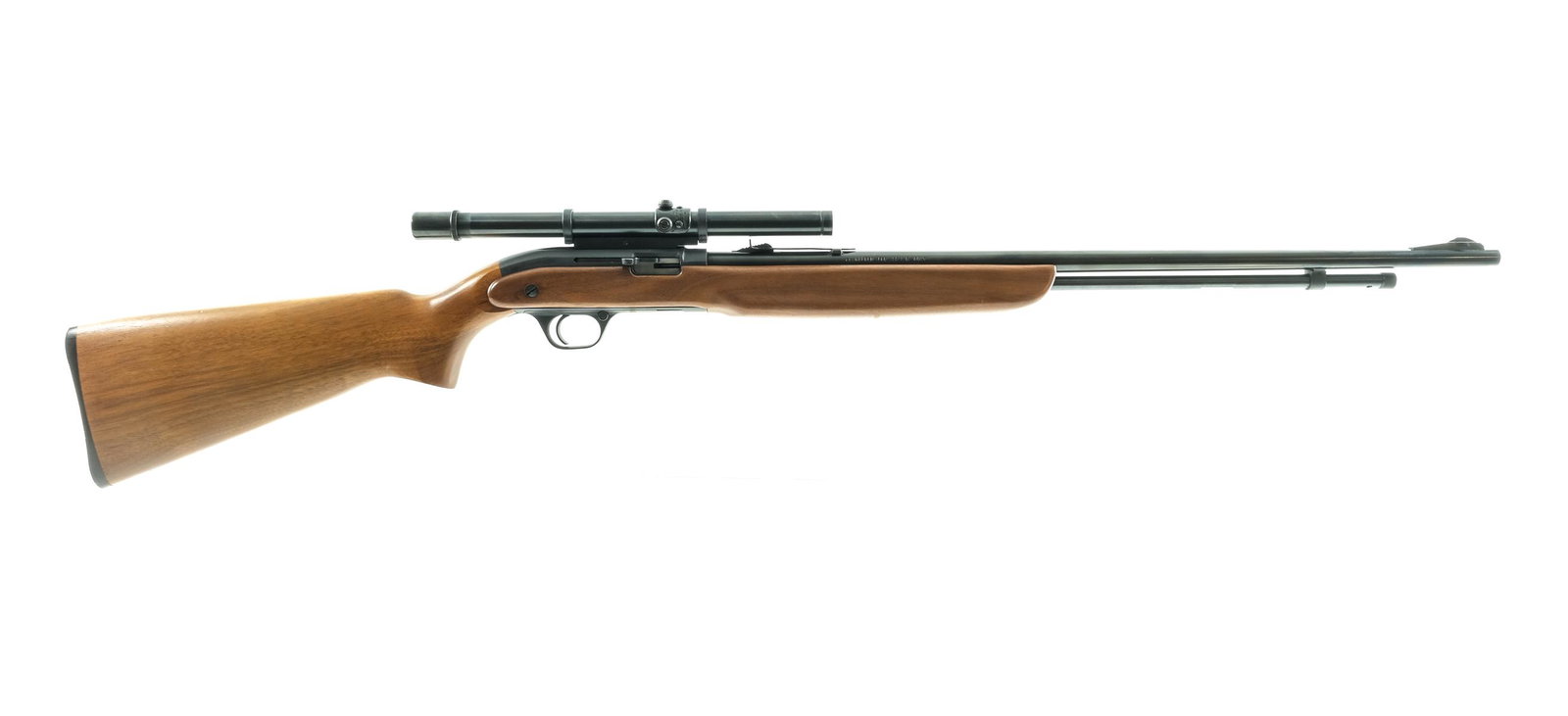 J.C Higgins Model 36 .22LR Semi Auto Rifle: Description J.C. Higgins Model 36 in .22 Long Rifle with a seventeen round magazine tube capacity and a 24" barrel. Serrated composite butt plate. Smooth wood stock and front forend. Blued guard, smoo