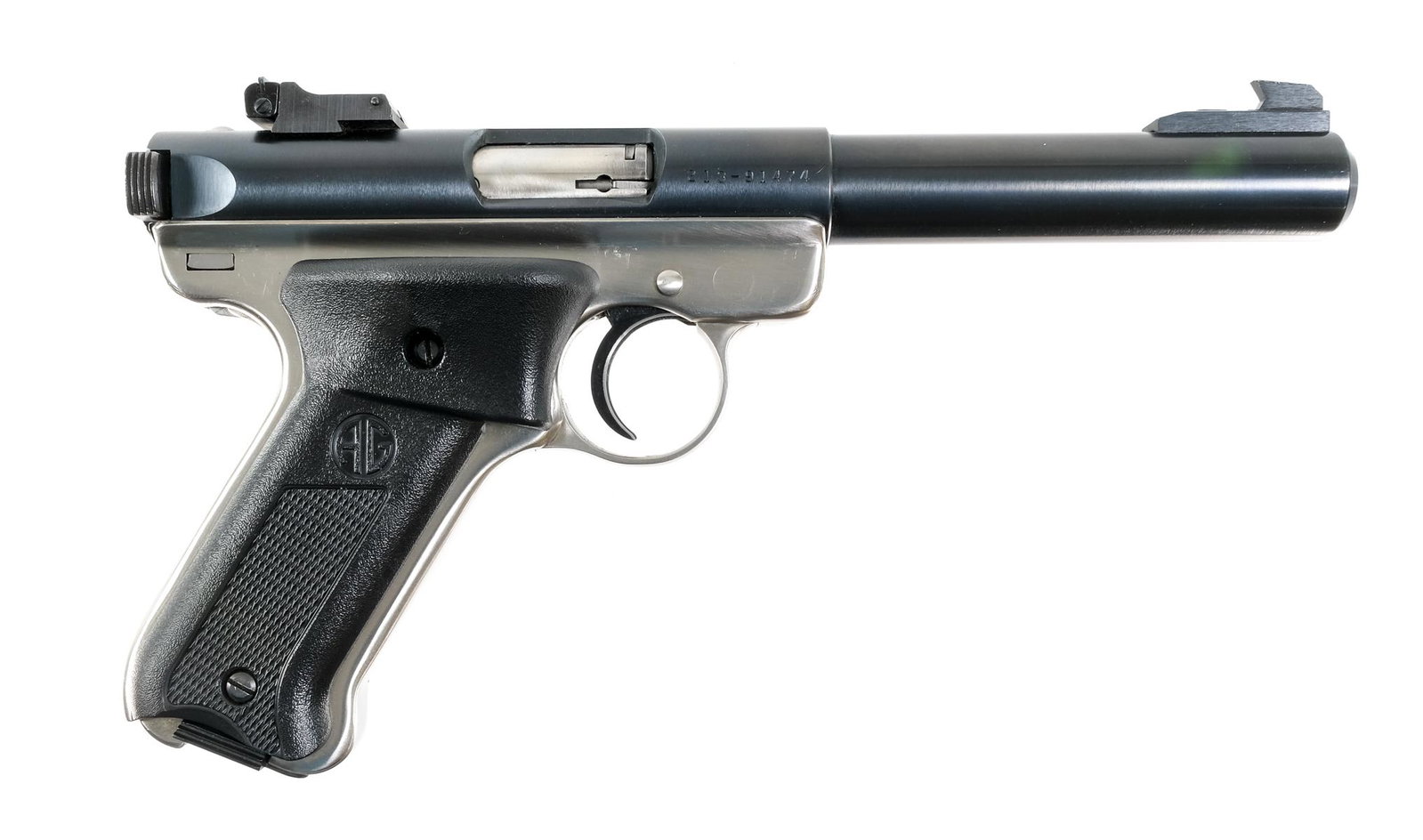 Ruger MK II Target .22 LR Semi Auto Pistol: Description Ruger Mark II Target in .22 long rifle with one 10 round Ruger magazine and 5.5" barrel. Black composite textured AG accuracy grips. Stainless receiver, bolt, pushbutton mag release, slide
