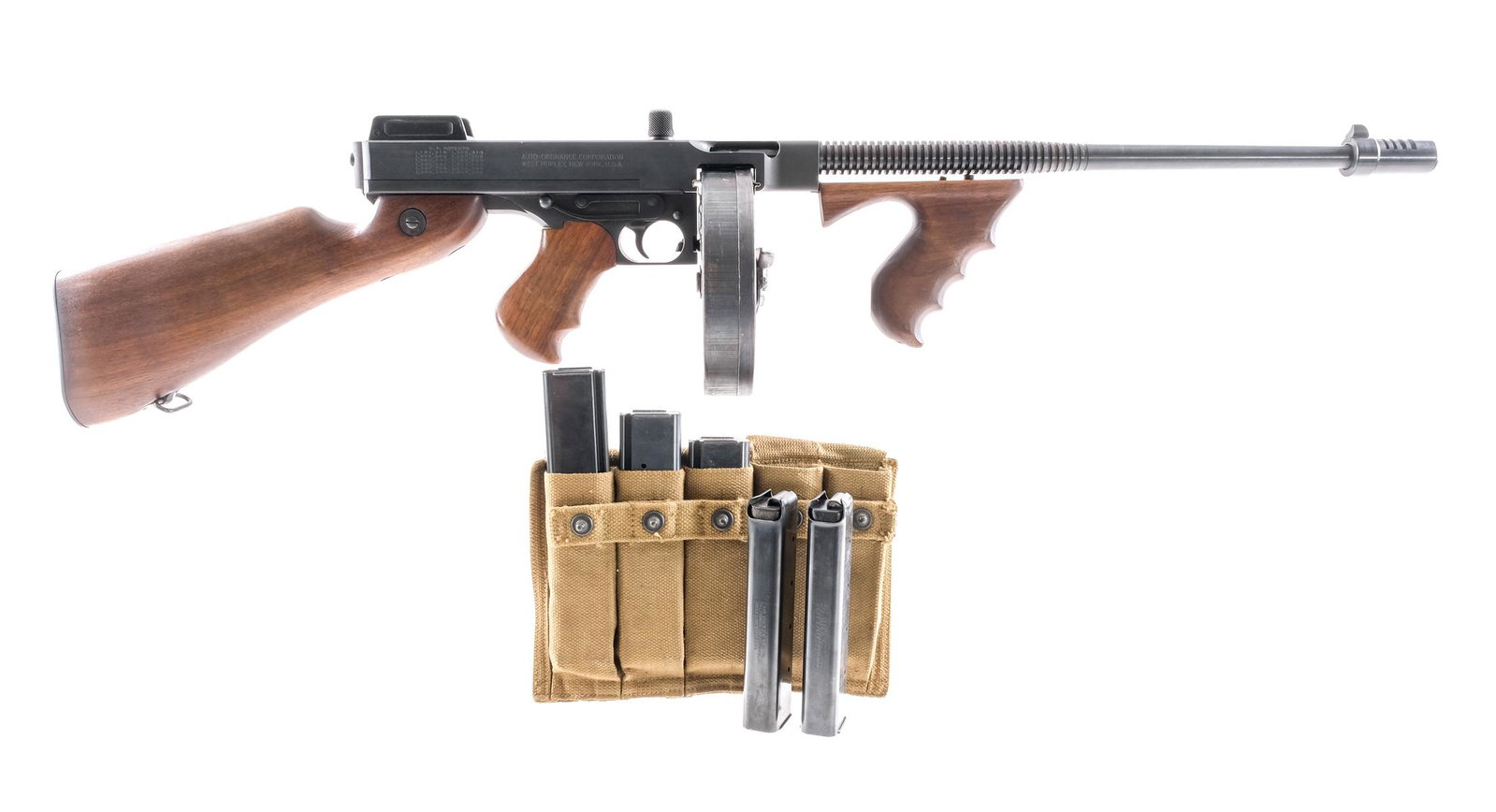 Auto Ordnance Thompson 1927A1 .45 Semi Auto: Description Auto Ordnance Corporation model 1927 A1 semi auto carbine chambered in .45 ACP. This classic Tommy in semi auto features an 18" finned barrel with Cutts compensator and vertical wood foreg