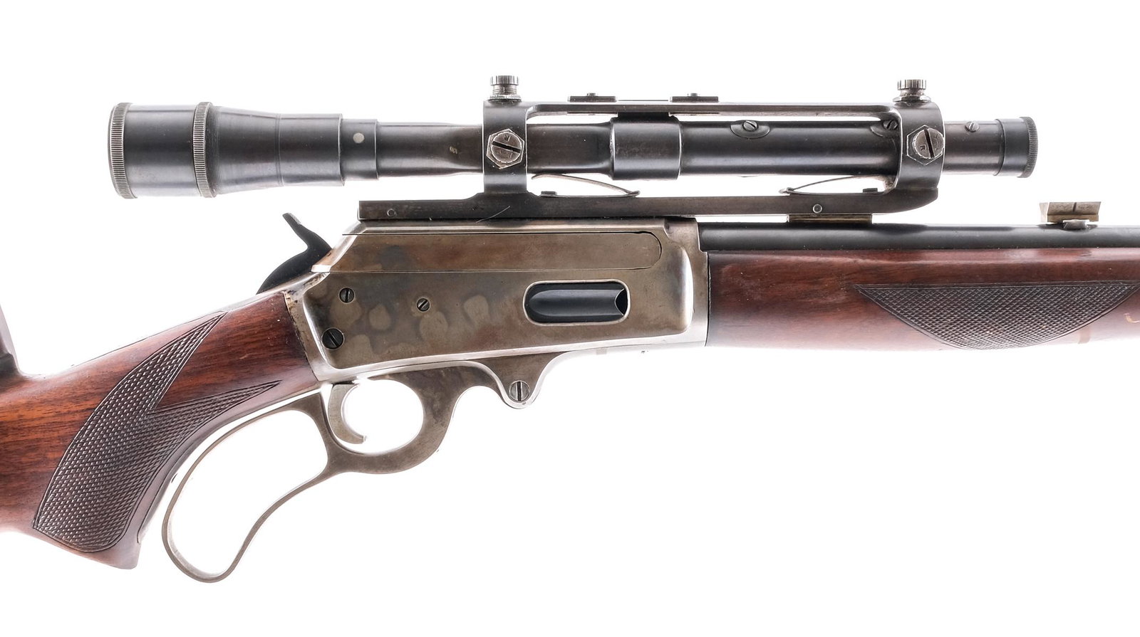 Marlin 1936 .30-30 Lever Action Rifle: Description Marlin Model 1936 in .30-30 with a six round capacity with a 24" barrel. Rubber recoil pad. Smooth wood stock with center high rise cheek rest and smooth front forend. Case colored hand le