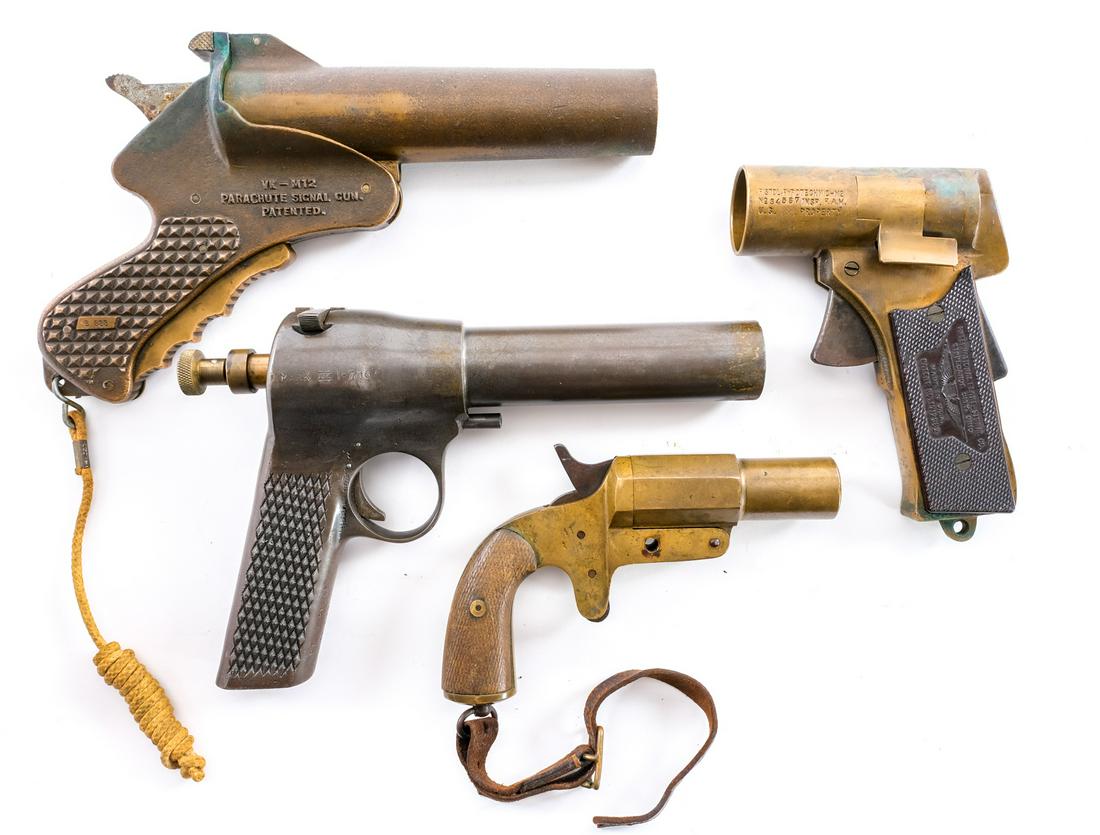 Collectors Lot of 4 WWII Era Flare Guns: Description Collectors lot of 4 WWII era flare guns including a brass Van Karner Chemical Arms Corp. model VK-MK12 marked "PT 8/45", a steel with brass breach Harrington 7 Richardson Mark IV with date