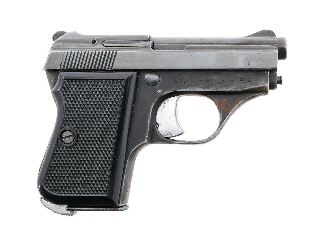 Excam GT-27 .25 ACP Semi Auto Pistol: Description Excam Model GT-27 in .25 ACP with one six round removable magazine capacity and a 2.5" barrel. Black checkered composite grip plates. Black finished frame. Blued serrated slide, hammer and