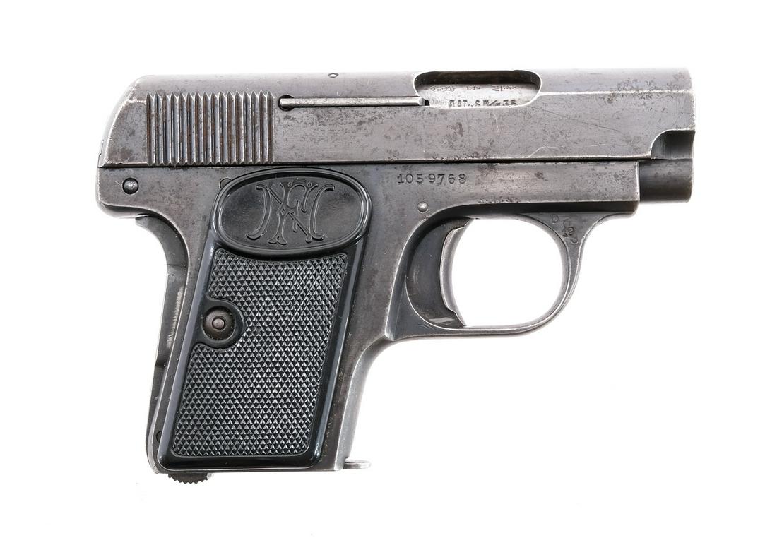 FN Browning 1905/06 .25 ACP Semi Auto Pistol: Description FN Browning 1905/06 in 6.35mm (.25 ACP) with one unmarked six round removable magazine and a 2" barrel. FN black checkered composite grip plates. Blued frame, solid trigger and serrated sl