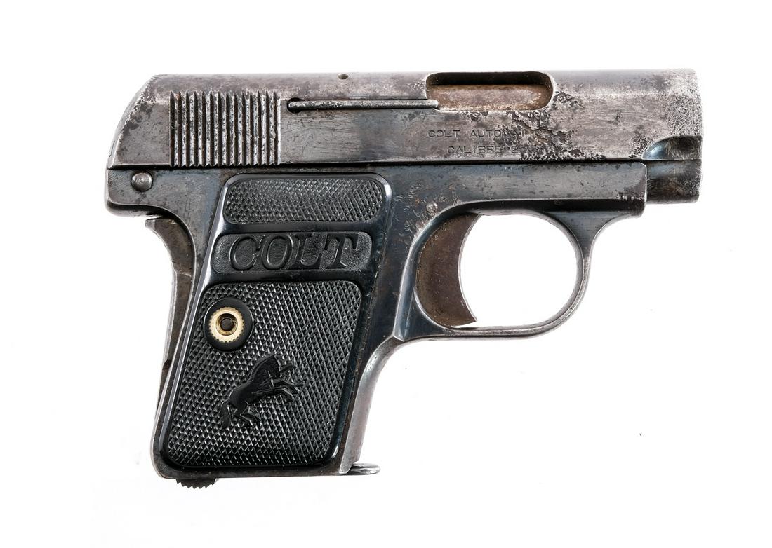 Colt Vest Pocket .25 ACP Semi Auto Pistol: Description Pre war Colt Vest Pocket Model 1908 in .25 ACP with one six round removable magazine and a 2" barrel. Colt black checkered composite grip plates. Blued frame and serrated slide. Case color