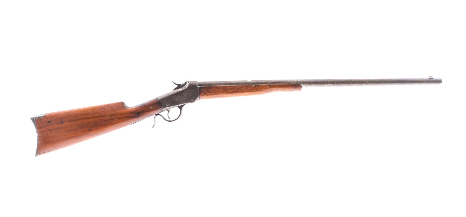Winchester 1885 .22 Lever Action Rifle: Description Winchester Model 1885 in .22 caliber with a single round capacity and a 24.5" heavy barrel. Metal butt plate. Smooth wood stock and front forend. Blued hand lever, receiver, untextured tri
