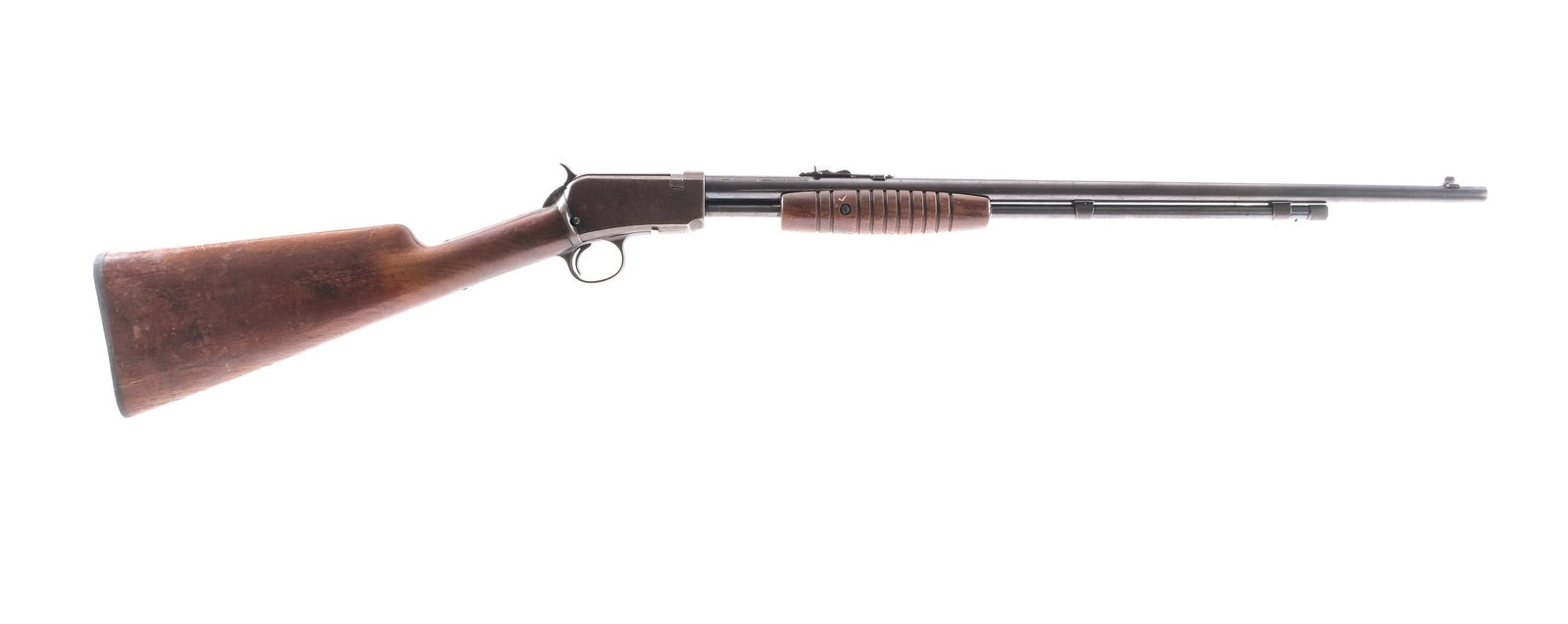 Winchester 62 .22 Pump Action Rifle: Description Winchester Model 62 in .22 Short, Long and Long Rifle with a varied capacity and a 23" barrel. Winchester checkered composite butt plate. Smooth wood stock and serrated front foregrip. Blu
