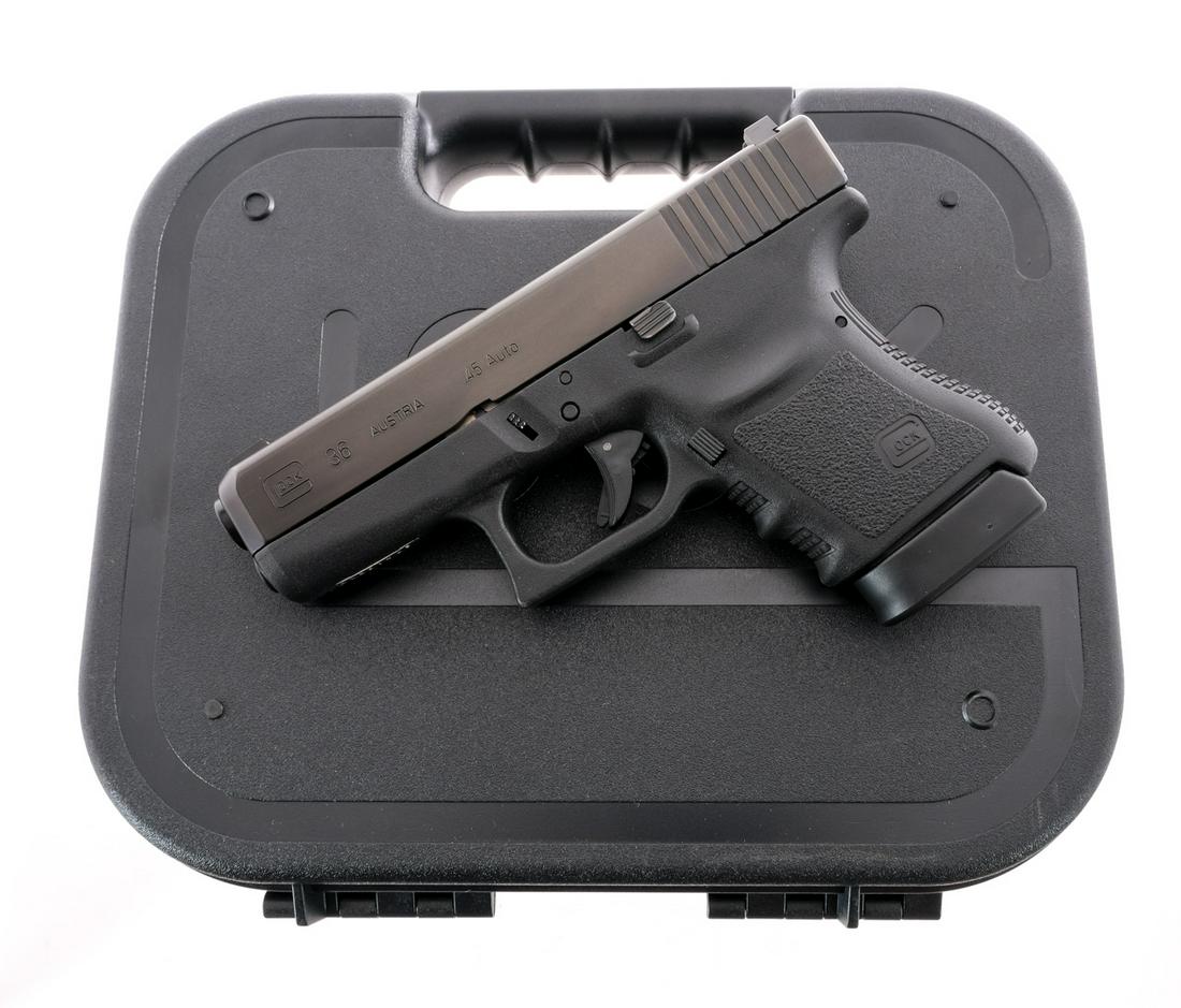 Glock 36 Gen3 .45 ACP Semi Auto Pistol: Description Glock 36 Generation 3 in .45 ACP with one, Glock ten round removable magazine and a 3.5" barrel. Textured grip on composite frame. Composite trigger with depression safety. Mattel black me
