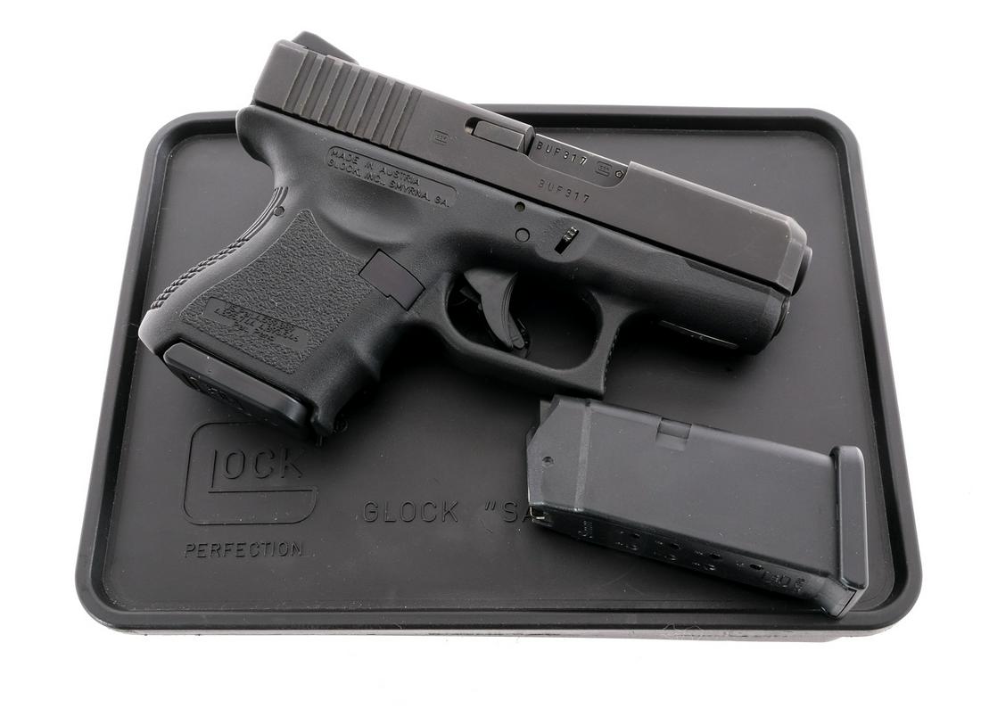 Glock 26 Gen3 9mm Semi Auto Pistol: Description Glock Model 26 Gen3 in 9mm with two Glock ten round magazines and a 3.5" barrel. Textured grip on composite frame. Composite trigger with depression safety. Matte black metal serrated slid