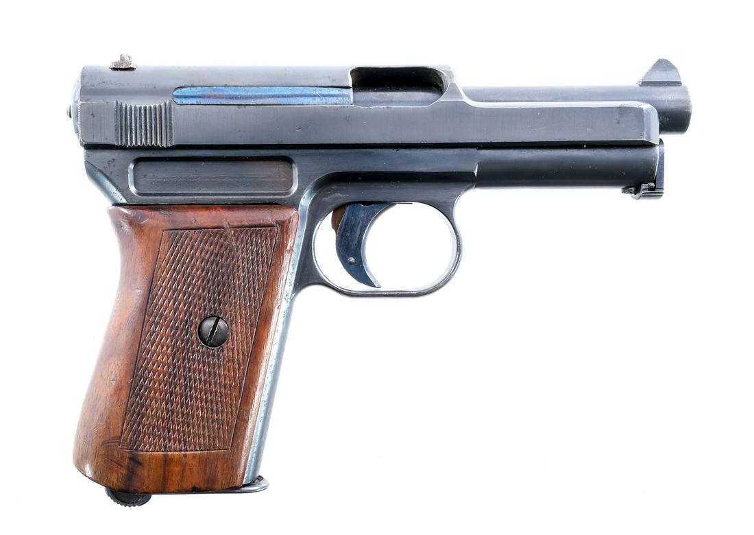 Mauser 1910/14 .32 ACP Semi Auto Pistol: Description Mauser 1910/14 in .32 ACP with one Mauser marked eight round removable magazine and a 3.5" barrel. Made in Germany. Checkered wood wrap around grip plates. Blued frame, untextured trigger,