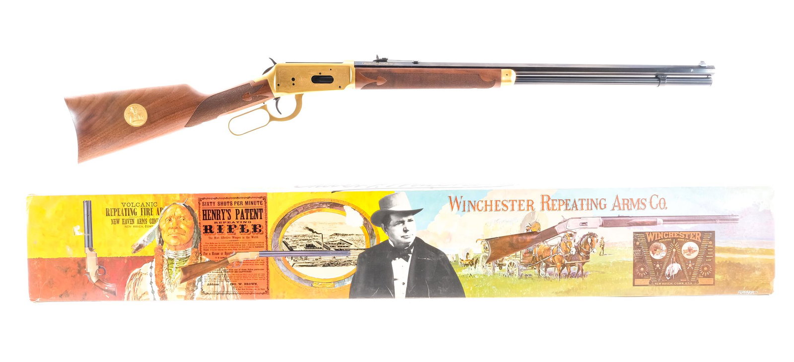 Winchester 94 Oliver Winchester .38-55 Win Rifle: Description Winchester 94 Oliver Winchester Commemorative rifle in .38-55 Winchester with a seven round capacity and a 24" octagonal barrel. Blued metal butt plate. Checkered wood stock and front fore