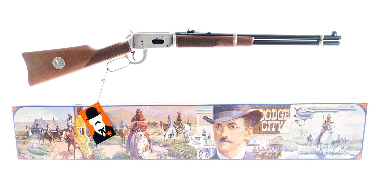 Winchester 94 Bat Masterson .30-30 WIN Lever Rifle: Description Winchester 94 Sheriff Bat Masterson in .30-30 with a six round capacity and a 20" barrel. A commemorative coin is inlaid into the right side of stock. Blued metal butt plate. Checkered woo