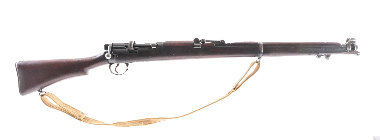 RFI Enfield .410 Converted Bolt Action Rifle: Description RFI Lee Enfield MK III converted to .410 gauge with a single round capacity and a 25" barrel. Solid brass butt plate with cleaning rod door, empty. Smooth wood stock and front forend. Blue