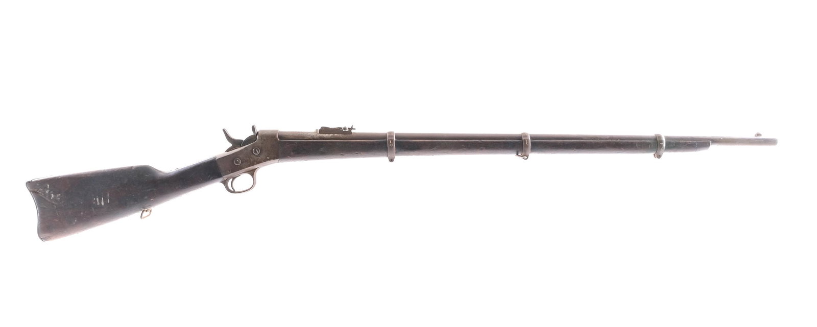 Remington Rolling Block 11mm Single Shot Rifle: Description Remington Rolling Block measuring in at the bore 11mm with a single round capacity and a 35" barrel. Metal butt plate. Smooth wood stock and front foregrip. Untextured trigger and checkere