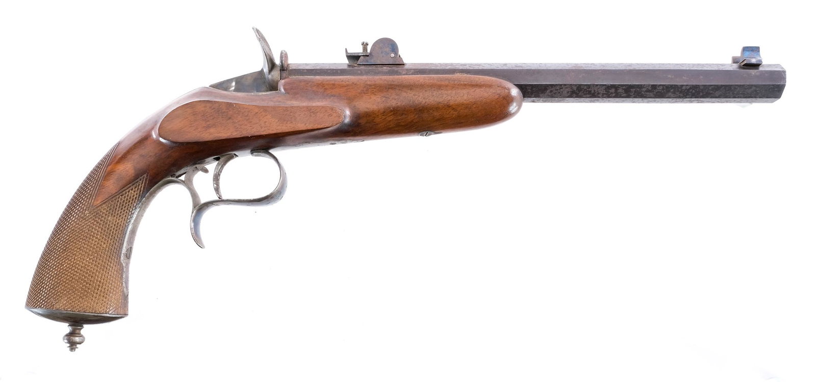 Gallery Gun .22 Short Single Shot Pistol: Description This lot is for one unknown unmarked maker Gallery Gun in .22 short with a single round capacity and a 10" octagonal barrel. Case colored pistol grip plate, trigger guard, untextured trigg