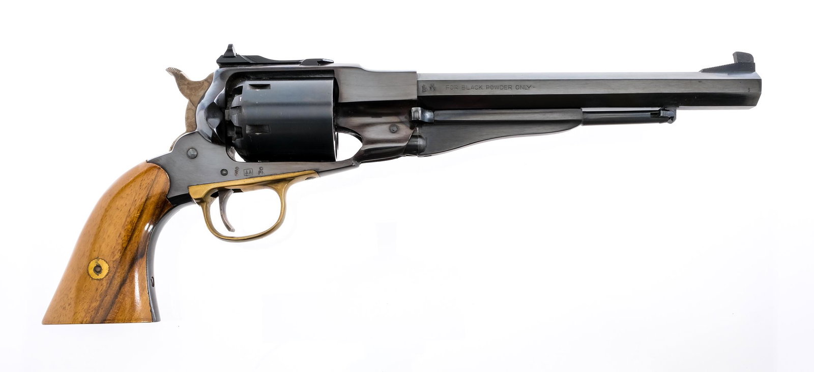 Armi San Paolo New Model Army .44 Cal BP Revolver: Description Armi San Paolo New Model Army in .44 caliber with a six round cylinder capacity and a 8" octagonal barrel. Smooth wood grip plates. Brass trigger guard. Blued frame, cylinder and barrel. C