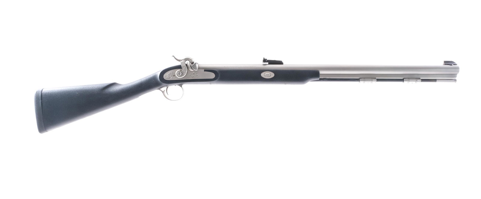 Thompson Center Grey Hawk .50 Cal BP Rifle: Description Thompson Center Grey Hawk in .50 caliber with a single round capacity and a 24" barrel. Hard rubber butt pad. Black composite stock and front forend. Matte silver finished metal trigger gu