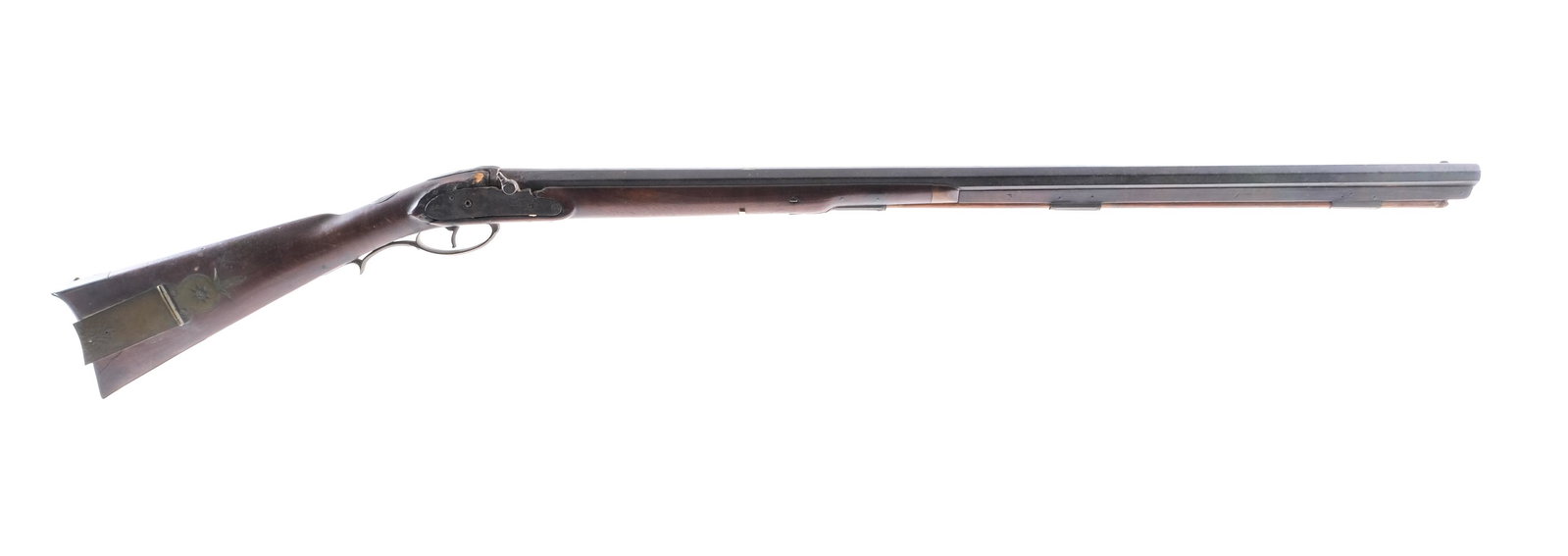 Unknown Kentucky Long Rifle BP Musket: Description Unknown maker in and unknown caliber flint lock conversion to cap measuring at 13.6mm on our micrometer with a single round capacity and a 33" octagonal barrel. Brass butt plate. Smooth wo