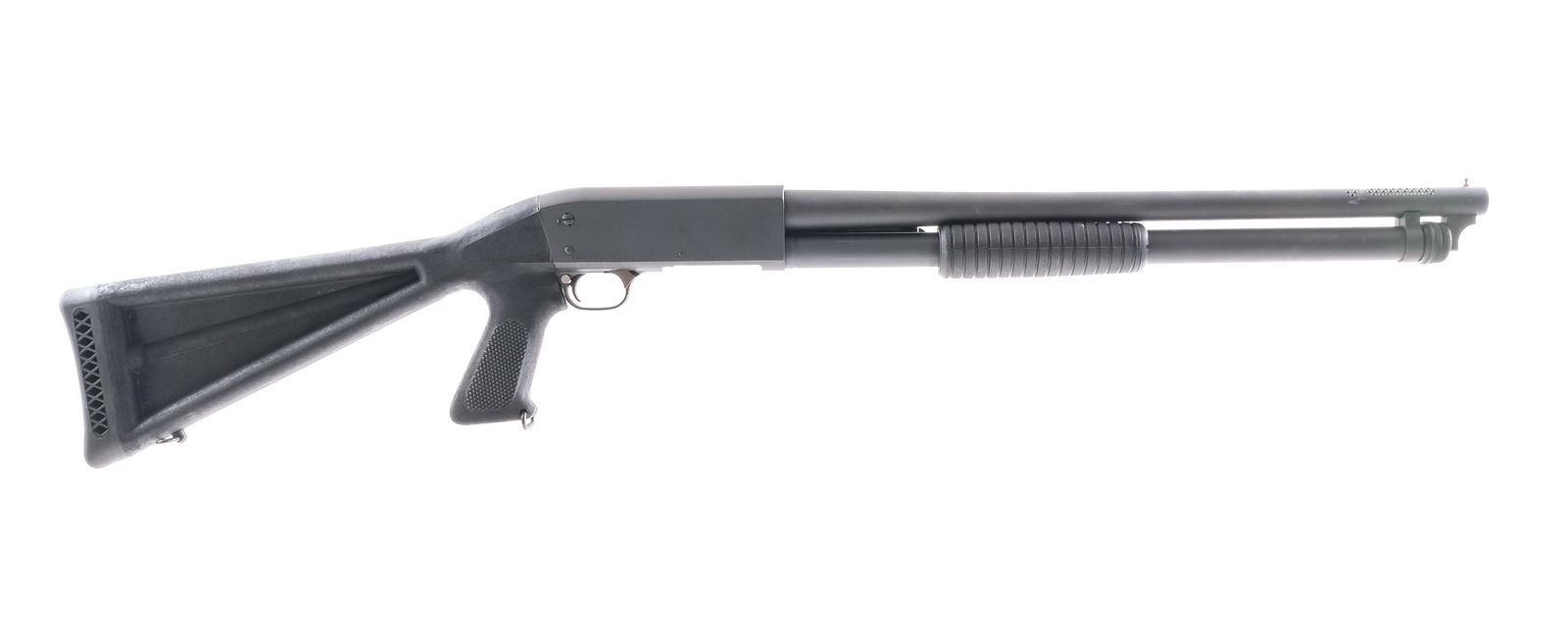 Ithaca M-87 Featherlight 12 Ga Pump Shotgun: Description Ithaca Model 87 Featherlight in 12 gauge with a six round capacity and a 20" ported barrel. Ithaca composite pistol grip stock with rubber butt plate and front serrated foregrip. Parkerize