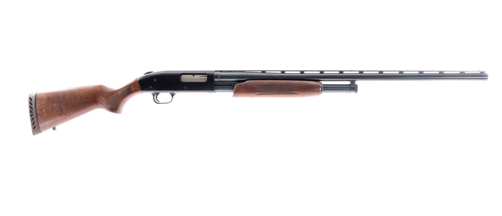 Mossberg 500 12Ga Pump Shotgun: Description Mossberg 500A in 12 gauge 2 3/4"-3" with a five round capacity and a 28" top ribbed Accu-Choke MOD removable choke barrel. Rubber butt pad. Checkered wood stock and front foregrip. Black c