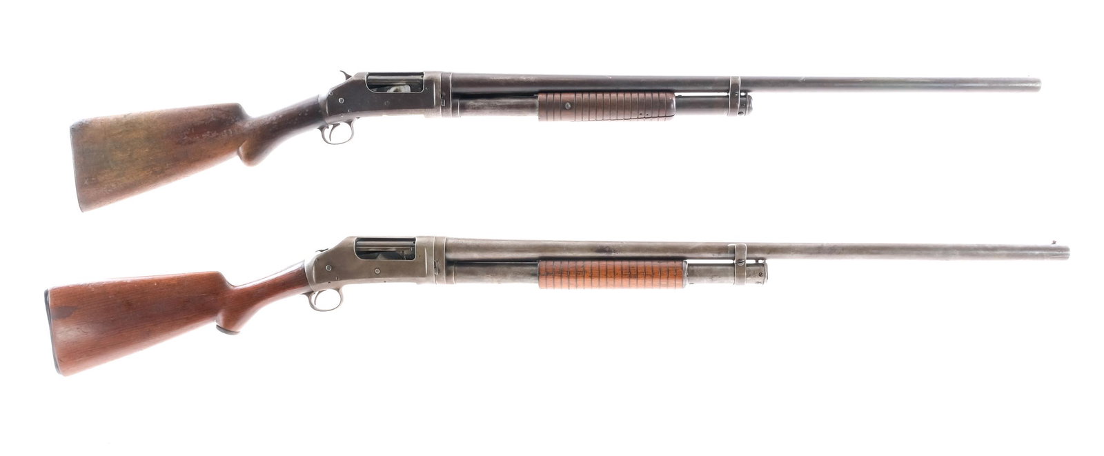 Winchester 1897 12Ga 2Pcs Pump Action Shotgun: Description This lot is for two, Winchester Model 1897 in 12 gauge with a six round capacity and a 30 1/4" and 29.5" FULL fixed choke barrel. One with a serrated aftermarket butt plate and one with th