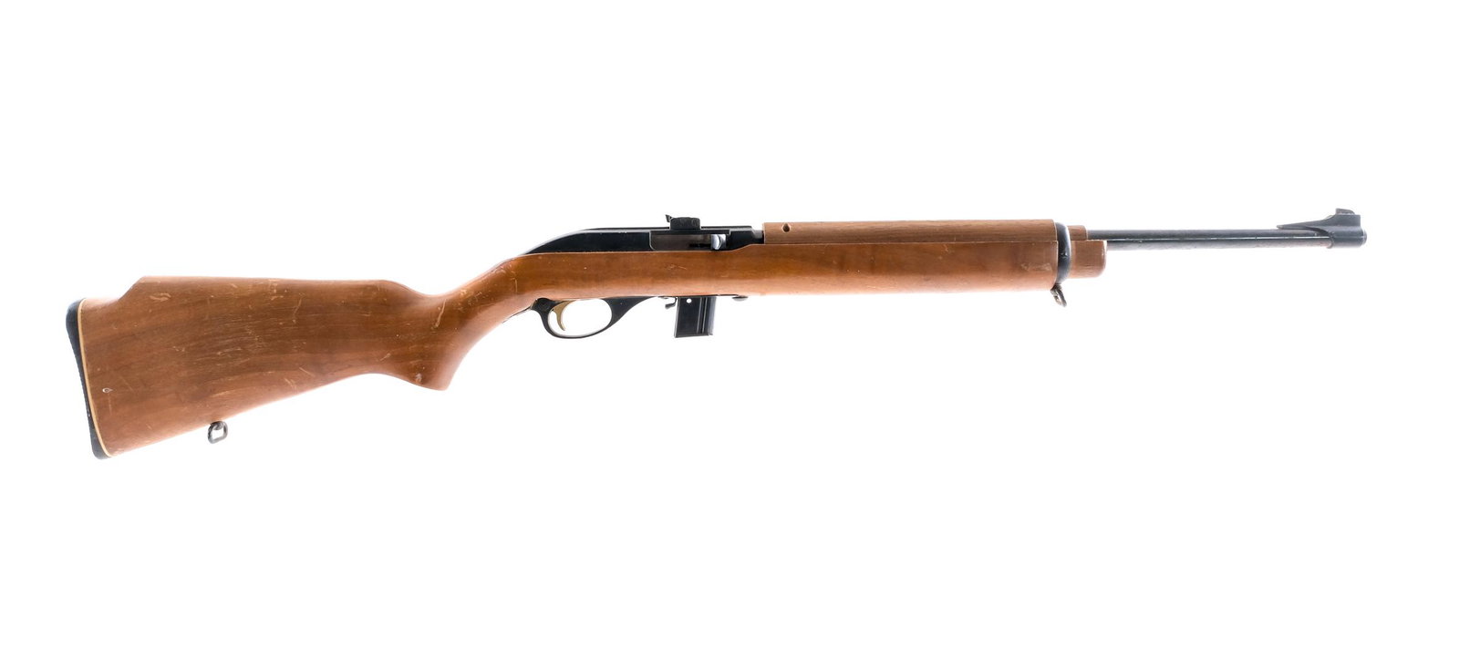 Marlin 982 M2 .22 Semi Auto Rifle: Description Marlin 982 M2 in .22 Long Rifle with one, ten round removable magazine and a 18" barrel. Marlin checkered composite butt plate. Smooth wood stock and front foregrip. Black metal trigger gu