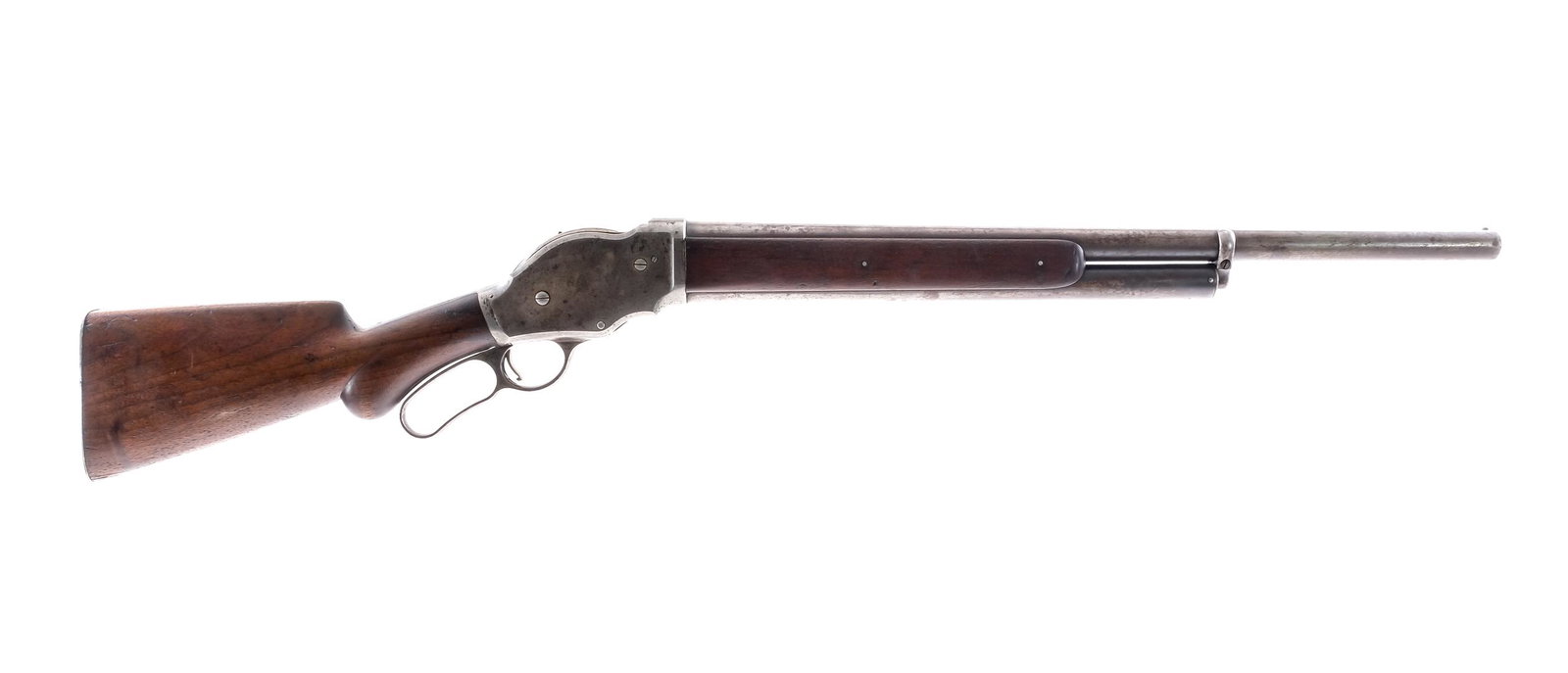 Winchester 1887 10Ga Lever Action Shotgun: Description Winchester Model 1887 in 10 gauge with a five round capacity and a 24.5" barrel. Checkered metal butt plate. Smooth wood stock and front foregrip. Blued hand lever, receiver, untextured tr