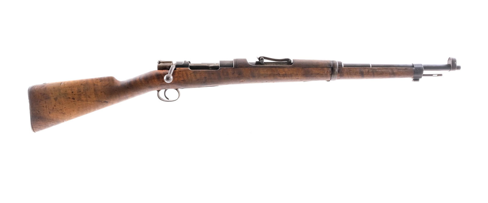 Spanish Mauser M1916 7x57mm Bolt Action Rifle: Description Spanish Mauser Model 1916 in 7x57mm (7mm mauser) with a five round capacity and a 21.75" barrel. Metal butt plate. Smooth wood stock and front forend. Blued trigger guard, magazine floor p