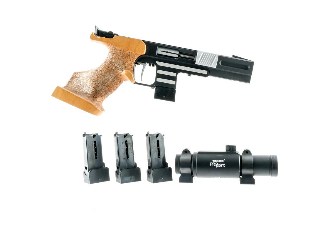 Pardini HP .32 WC Semi Auto Pistol: Description Pardini HP in .32 Smith & Wesson Wad Cutter with four, five round magazines and a 5" barrel. Made in Italy and imported by MCS of Brookfield CT. Contoured wood grip. Matte black finished f