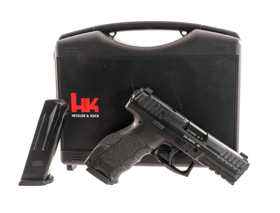 H&K VP9 9mm Semi Auto Pistol: Description Heckler & Koch model VP9 in 9mm with three, ten round removable magazines and a 4" barrel. Textured grips on composite frame. Serrated metal slide. Composite trigger with depression safety