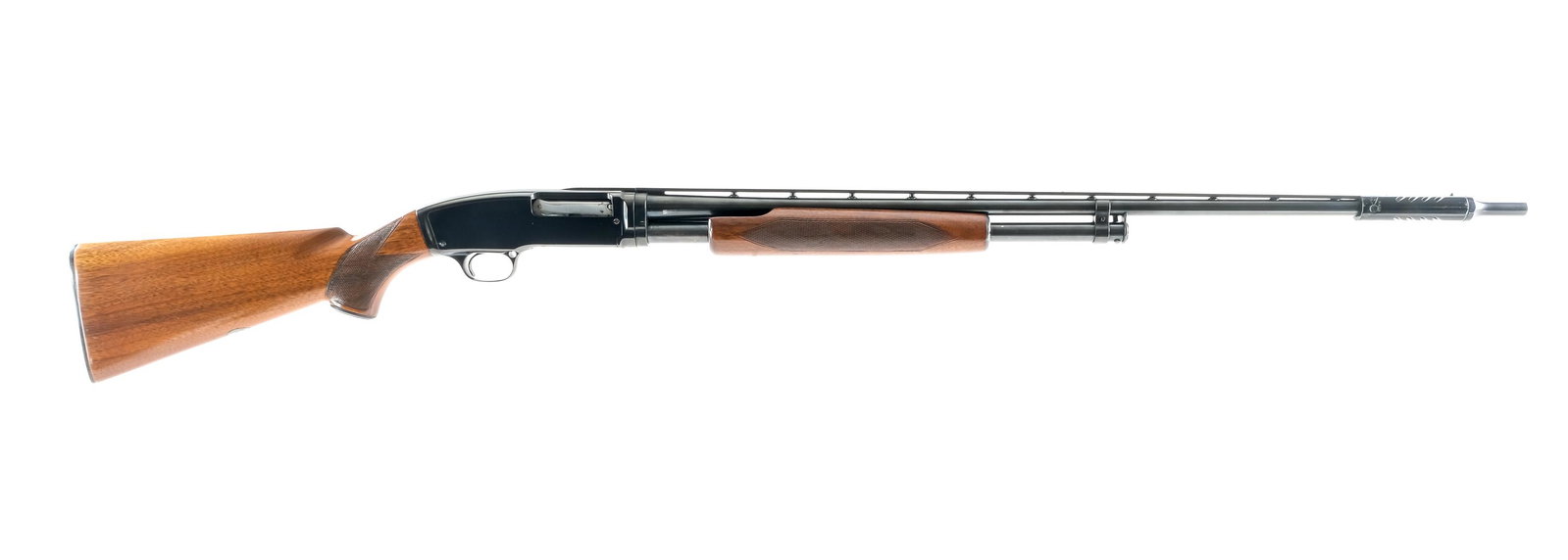 Winchester 42 .410 Ga Pump Shotgun: Description Winchester Model 42 in .410 Gauge with a six round capacity and a 25.5" FULL fixed choke top rib vented barrel. Checkered composite butt plate. Checkered wood stock and front foregrip. Blu