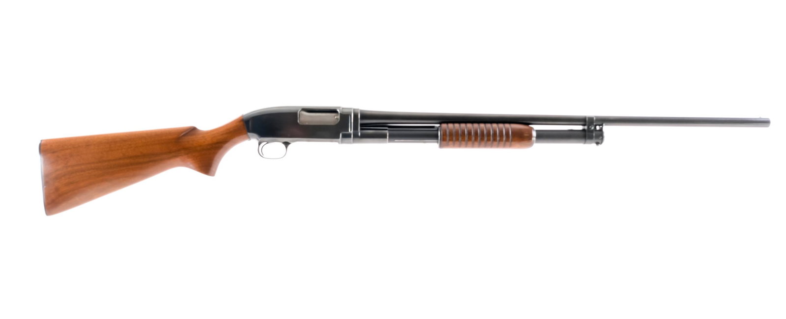 Winchester 12 20 Ga Pump Shotgun: Description Winchester Model 12 in 20 gauge with a four round capacity and a 26" IMP CYL fixed choke barrel. Checkered composite butt plate. Smooth wood stock and serrated front foregrip. Blued trigge