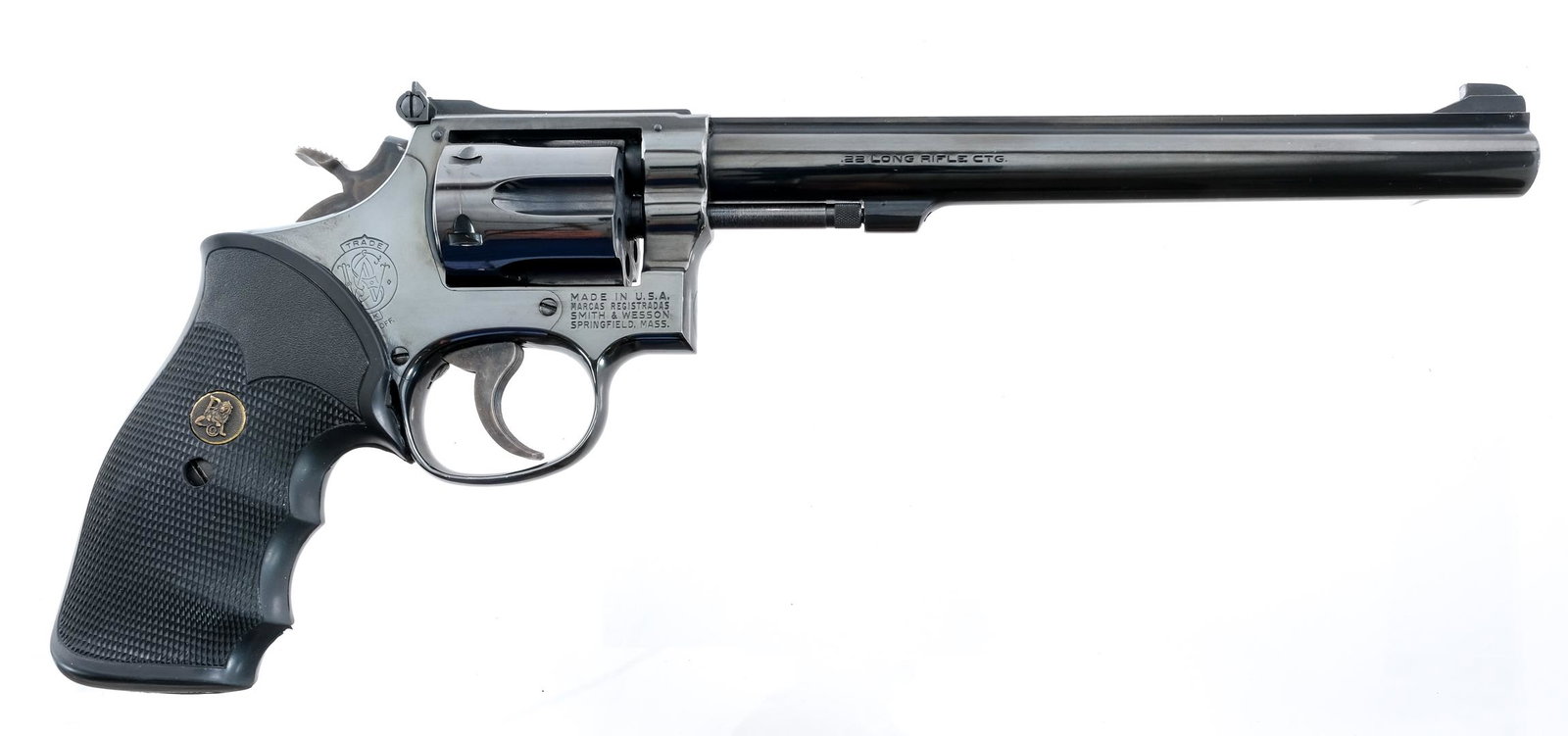 S&W 17-4 .22 LR Revolver: Description Smith & Wesson 17-4 in .22 Long Rifle with a six round capacity and a 8.5" barrel. Checkered rubber Pachmayr grip plates. Blued frame, cylinder and barrel. Case colored serrated trigger an