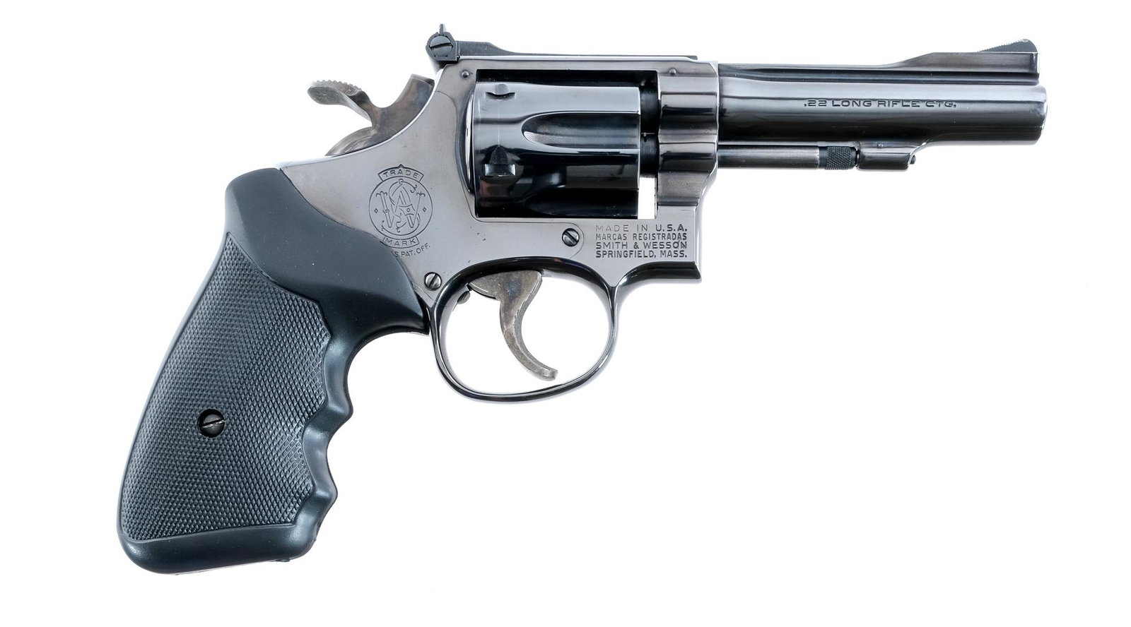 S&W 18-3 .22 LR Revolver: Description Smith & Wesson Model 18-3 K-22 Combat Masterpiece in .22 Long Rifle with a six round capacity and a 4" barrel. Checkered rubber grip plates. Blued frame, cylinder and barrel. Case colored