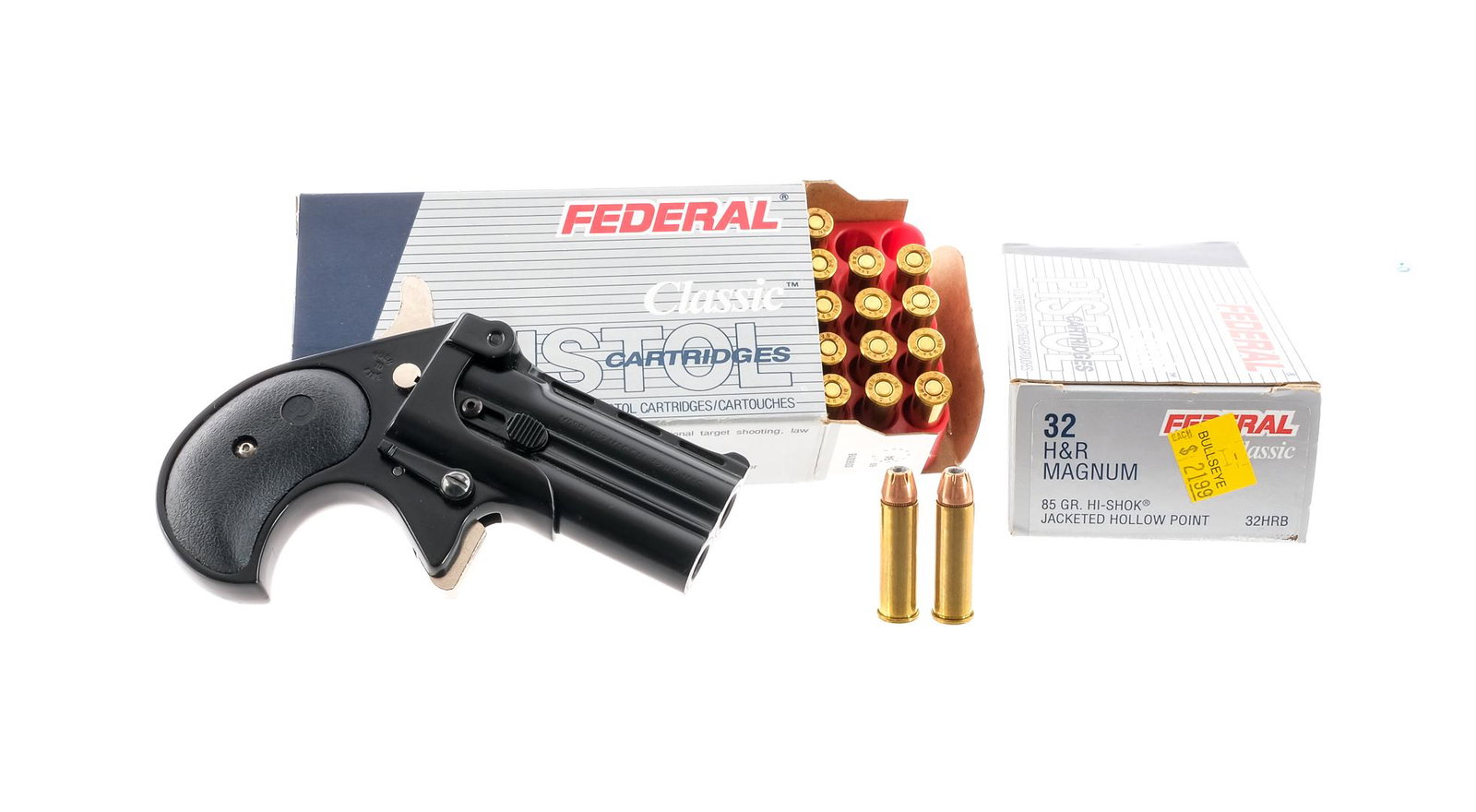 Davis Ind D32 Mag .32 H&R Mag Derringer Pistol: Description Davis Industries D32 Magnum in .32 Harrington & Richardson Magnum with a two round capacity and a 2.75" over under barrel. Textured black composite grip plates. Black finished frame and ba