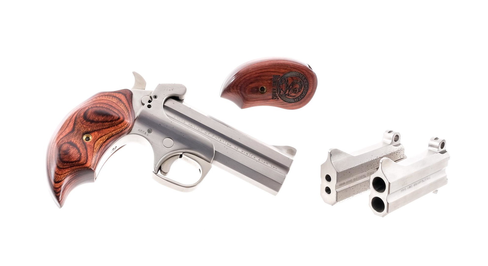 Bond Arms Snake Slayer IV 45 Colt/.410 Derringer: Description Bond Arms Snake Slayer IV chambered in 45 Colt/.410 gauge with a two-shot capacity and 4.25" over under double barrels. Two extra 3" barrels, one chambered in 45 ACP and the other in .22 m