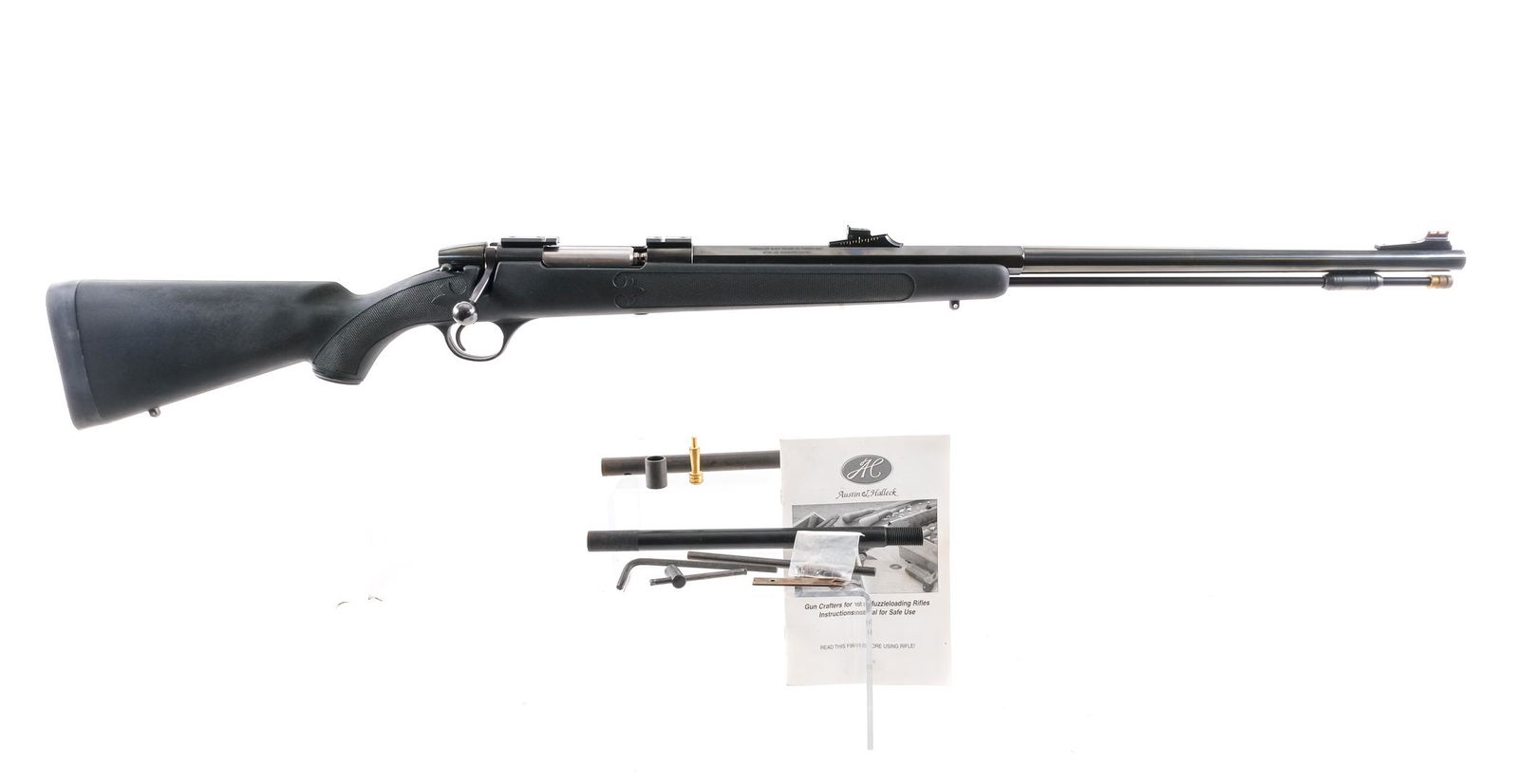 Austin & Halleck .50 Black Powder Rifled Musket: Description Austin & Halleck in .50 caliber with a single round capacity and a 26" barrel. Serrated rubber butt pad. Monte Carlo style checkered composite stock and front forend. Blued serrated trigge