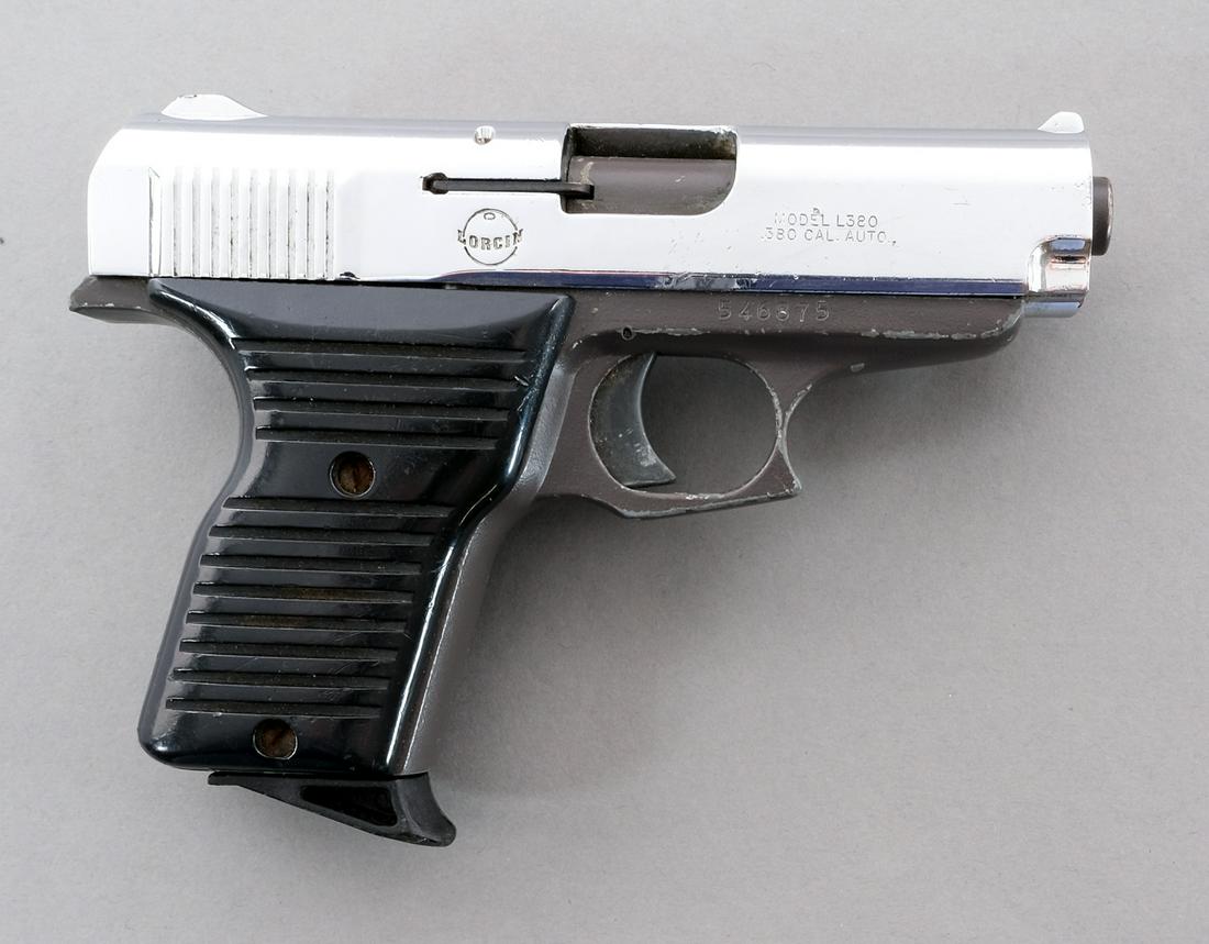 Lorcin L380 .380 ACP Semi Auto Pistol: Description Lorcin L380 in .380 ACP with one, seven round removable magazine and a 3.5" barrel. Serrated composite grip plates. Grey finished frame and solid trigger. Chrome finished serrated slide. L