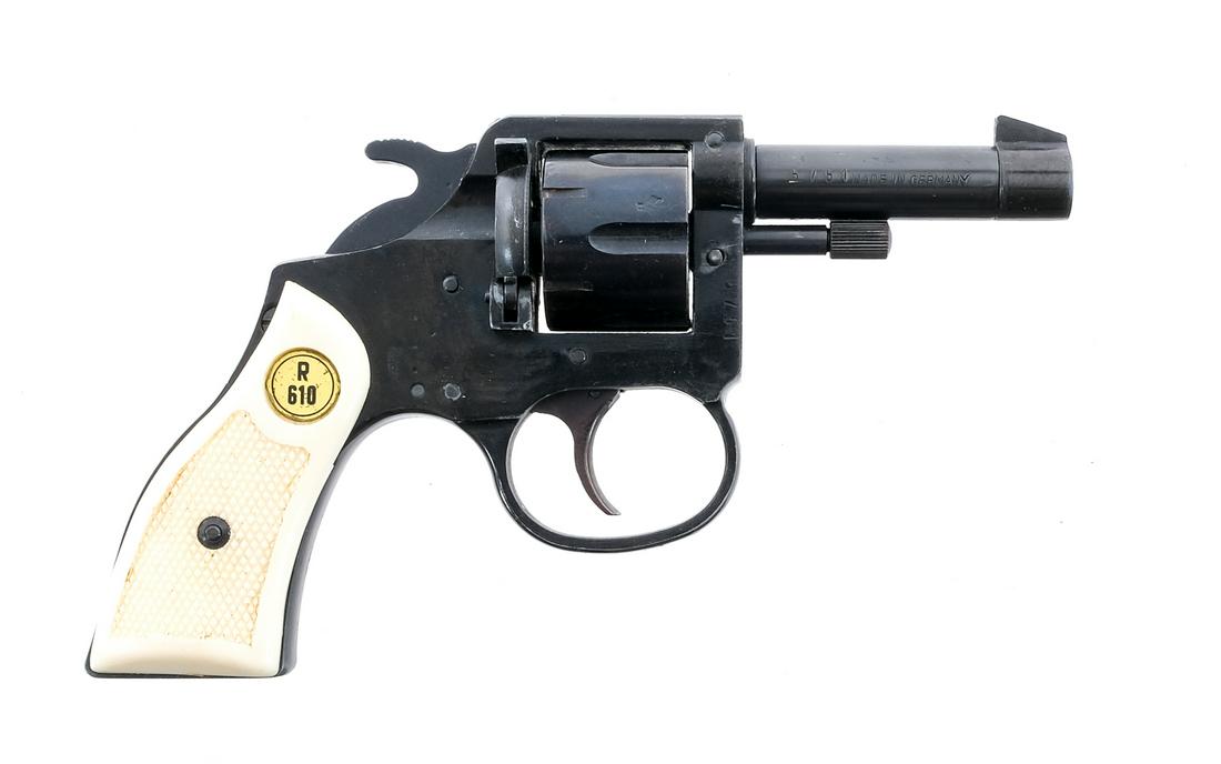 Serstenberger U. Eberwein R610 .22 Short Revolver: Description Serstenberger U. Eberwein Model R610 in .22 Short with a six round capacity and a 2.5" barrel. Made in Germany. Checkered white composite grip plates. Blued frame, untextured trigger, serr