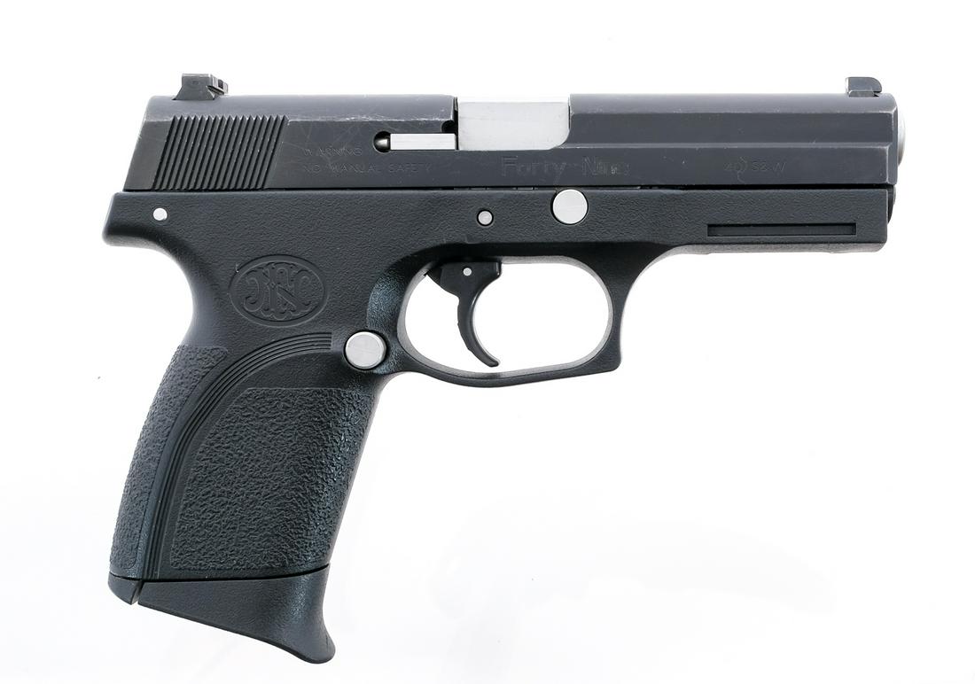 FN Herstal Forty-Nine .40 S&W Semi Auto Pistol: Description FN Herstal Model Forty-Nine in .40 Smith & Wesson with one, ten round removable magazine and a 4.5" barrel. Textured composite grip on frame. Untextured composite trigger. Serrated blued m