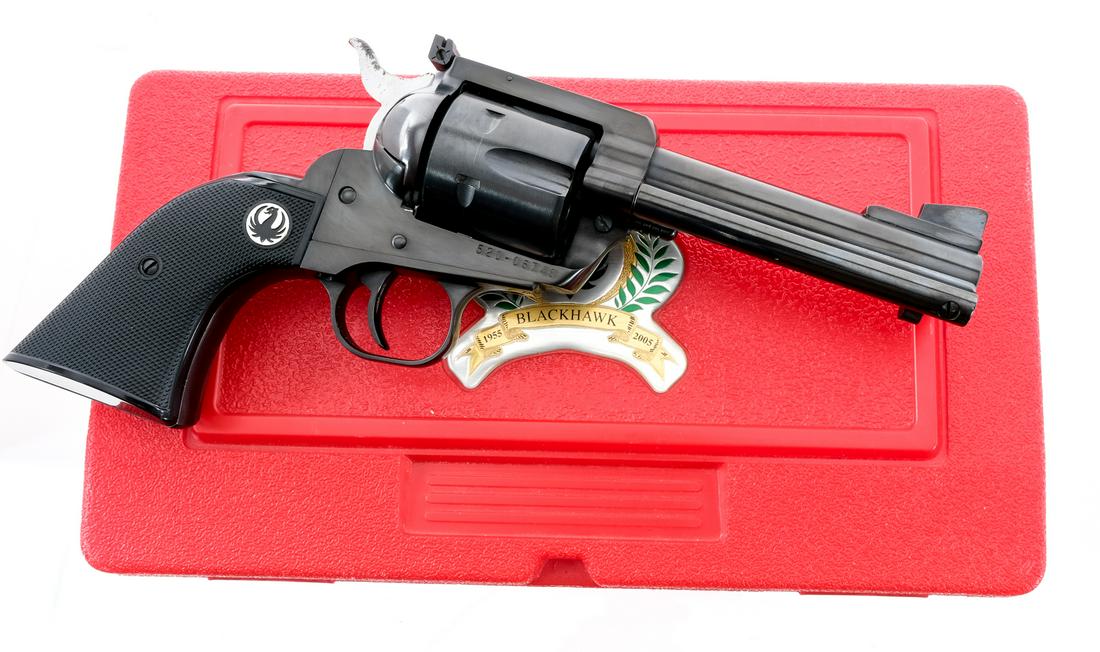 Ruger New Model Blackhawk 50th Ann .357 Revolver: Description Ruger New Model Blackhawk 50th Anniversary edition chambered in .357 Magnum with a 5" barrel. Single action with six shot capacity. Blued frame, cylinder, smooth trigger, and barrel. Top o