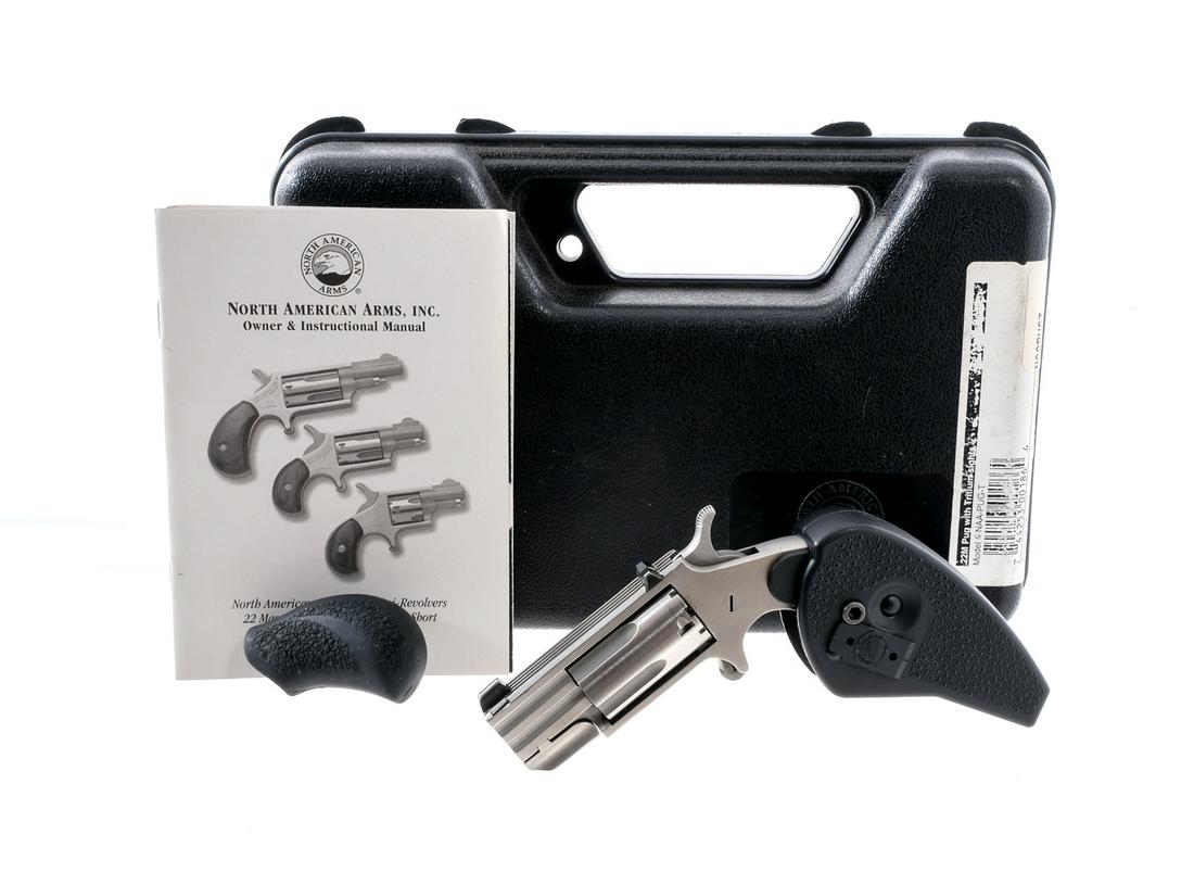 North American Arms Pug .22 Mag Revolver: Description North American Arms Pug chambered in .22 magnum with a 5-shot capacity and a 1" barrel. Comes equipped with the GHG-M folding holster grip. But also comes with the original slip on rubber 