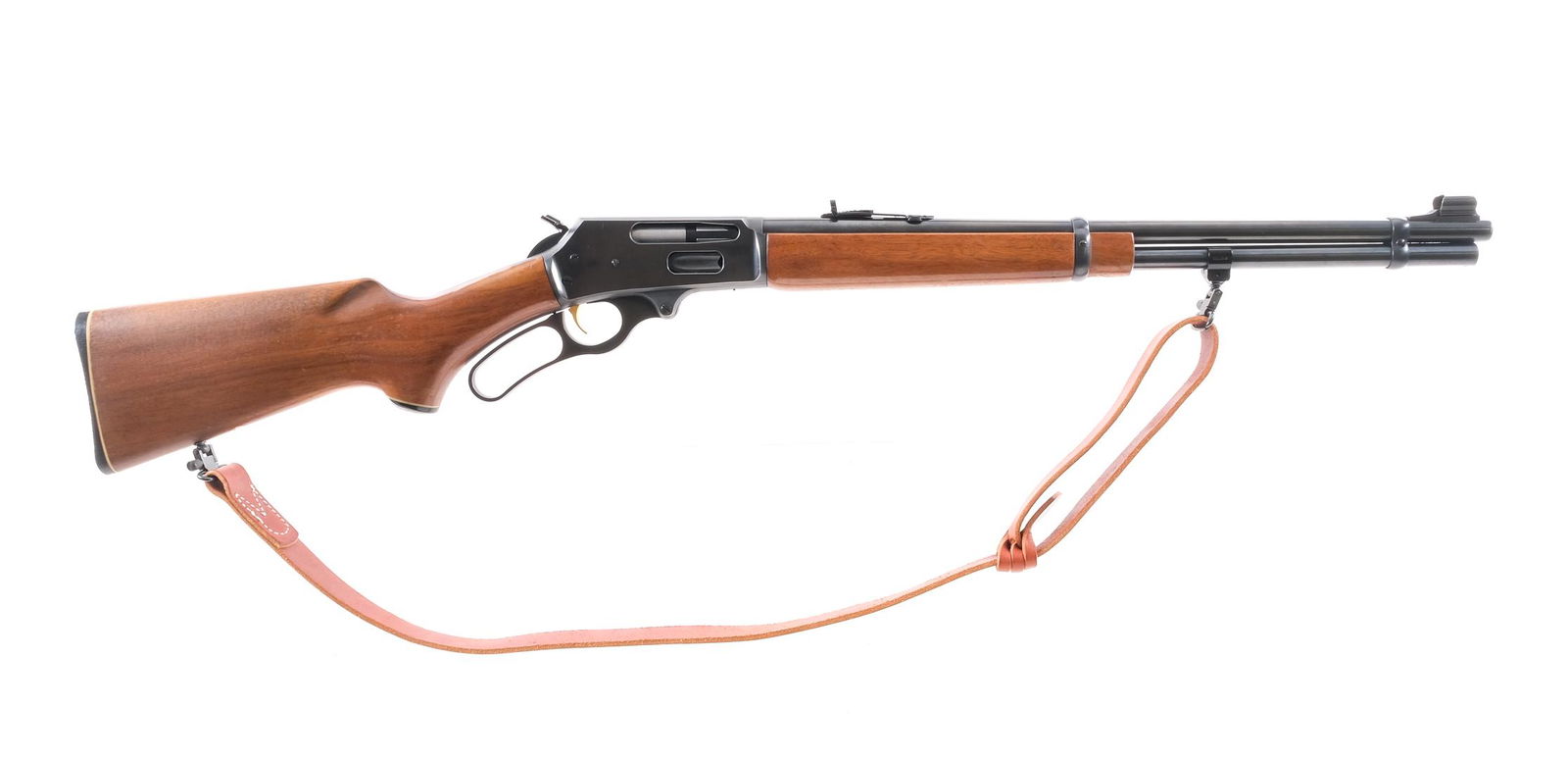 Marlin 336 .30-30 Win Lever Action Rifle: Description Marlin 336 in .30-30 Winchester with a six round capacity and a 20" barrel. Checkered composite butt plate. Smooth wood stock and front foregrip. Blued hand lever, receiver, serrated hamme