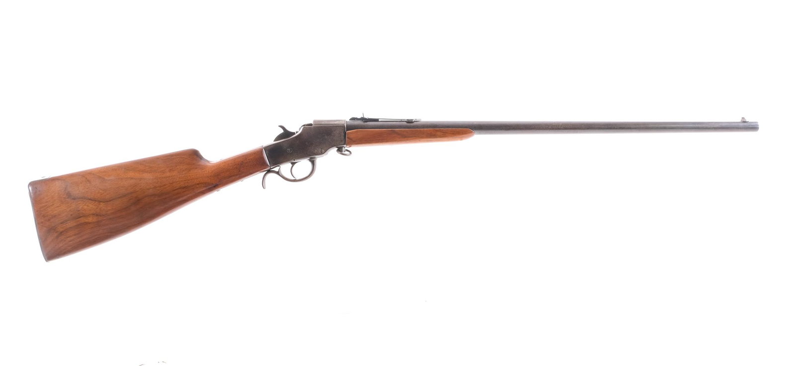Hopkins & Allen # 932 .32 RF Single Shot Rifle: Description Hopkins & Allen #932 Rolling Block Take-Down in .32 Rim Fire with a single round capacity and a 24" barrel. Metal butt plate. Smooth wood stock and front foregrip. Blued hand lever, checke