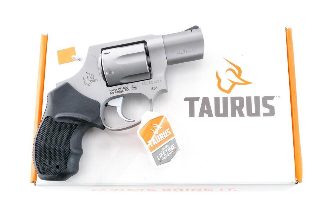 Taurus 856 .38 Special +P Revolver: Description Taurus 856 chambered in .38 Special +P with six-shot cylinder, and a 2" barrel. Textured rubber Taurus grips with finger grooves. Matte stainless finished frame, cylinder, barrel, trigger,