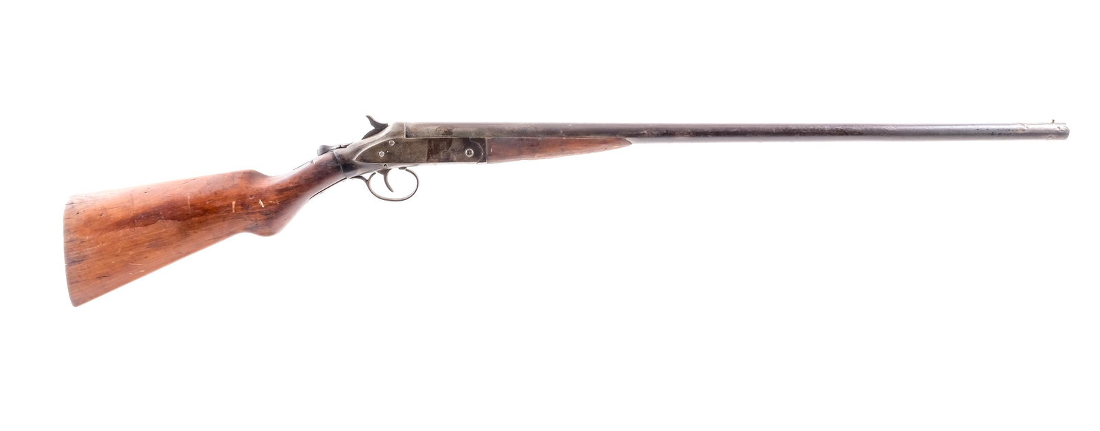Hopkins & Allen 16Ga Single Shot Shotgun: Description Hopkins & Allen 16 gauge single shot shotgun with a 30" barrel. Missing the butt plate. Smooth wood stock and front forend. Blued trigger guard, untextured trigger, receiver, checkered top