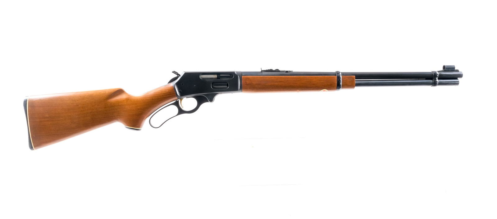 Marlin 336 .30-30 Win Lever Action Rifle: Description Marlin Model 336 in .30-30 Winchester with a six round capacity and a 20" barrel. Checkered black composite butt plate. Smooth walnut stock and front forend. Blued hand lever, receiver, se